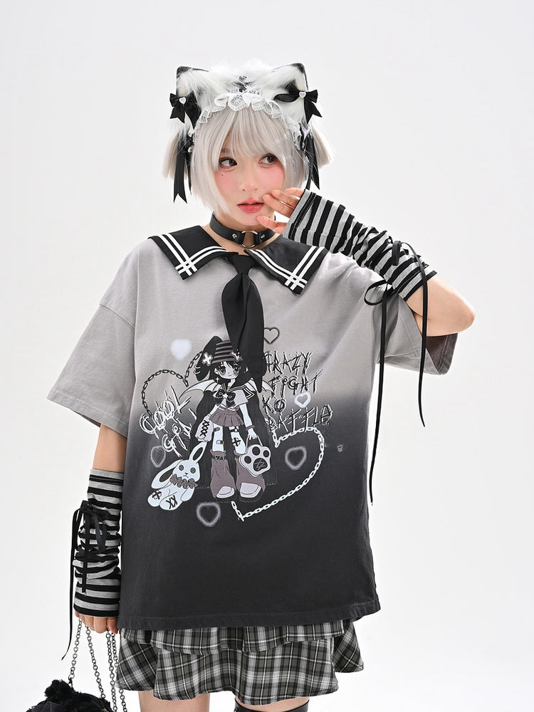 Mädchen Print Farbverlauf Schwarz T-Shirt Y2K Matrosenkragen Punk