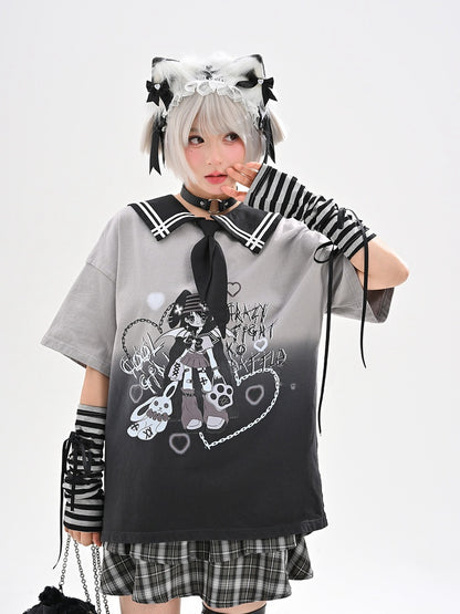 Mädchen Print Farbverlauf Schwarz T-Shirt Y2K Matrosenkragen Punk