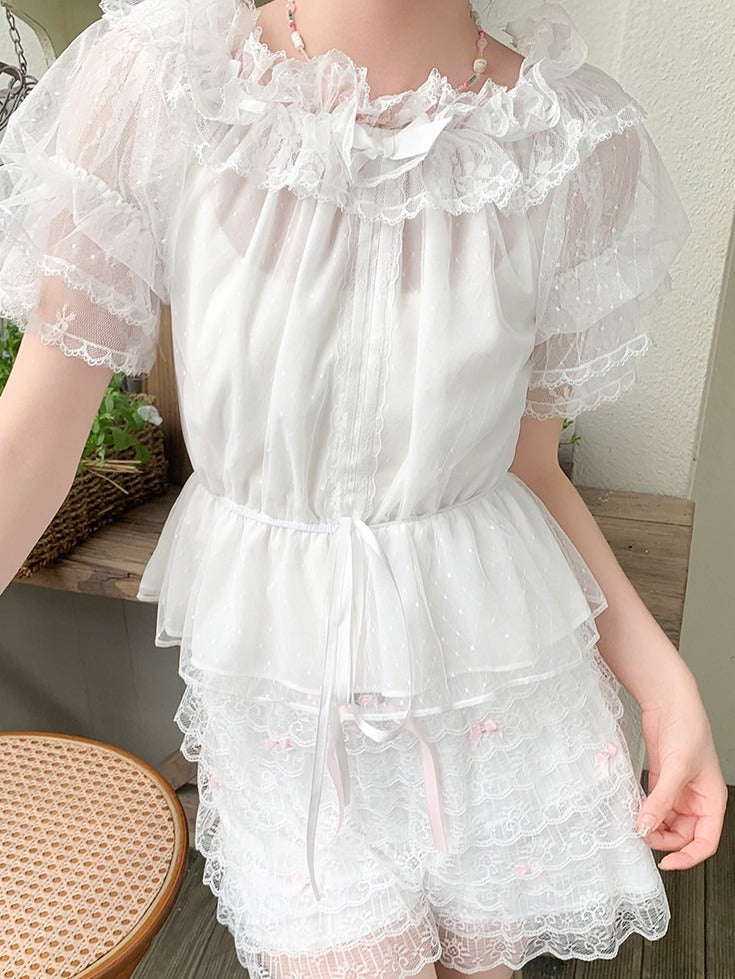 White Off-Shoulder Lolita Top with Puff Sleeves and Bow - Lan Jian Chuan