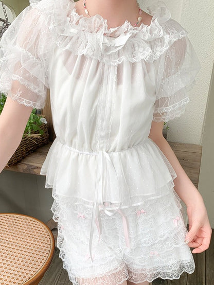 White Off-Shoulder Lolita Top with Puff Sleeves and Bow - Lan Jian Chuan