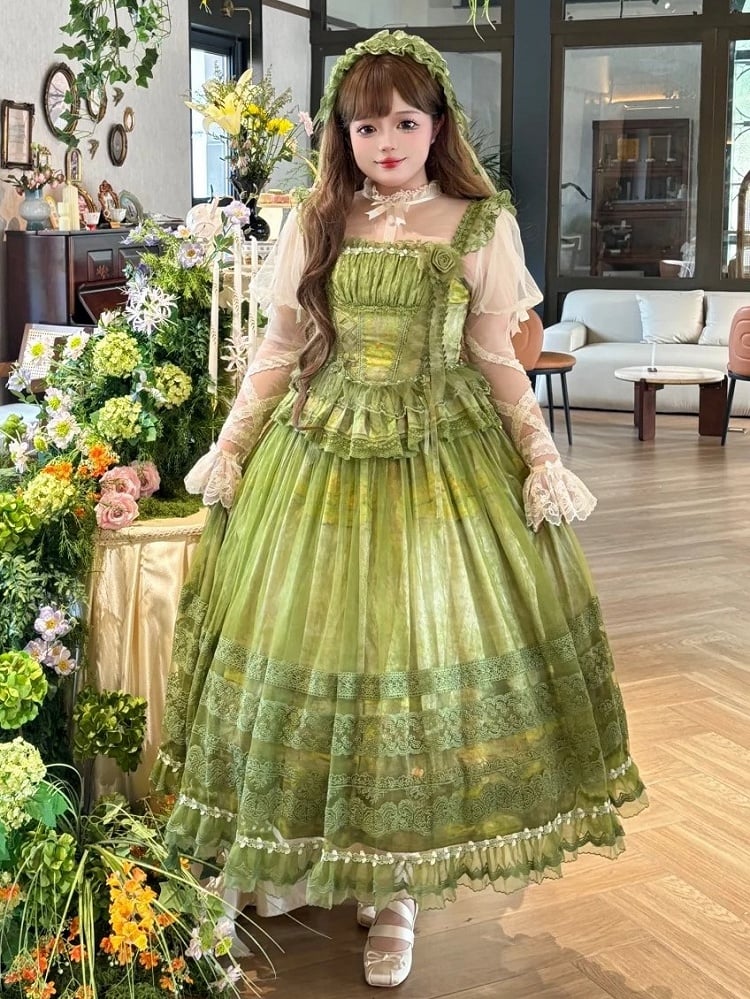 Top Baskenmuster Taillenstäbchen + Rock Ölgemälde Lolita Classic Overlay Grün