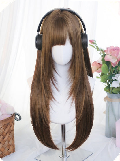 60–65 cm lange, glatte Perücke mit braunem Pony