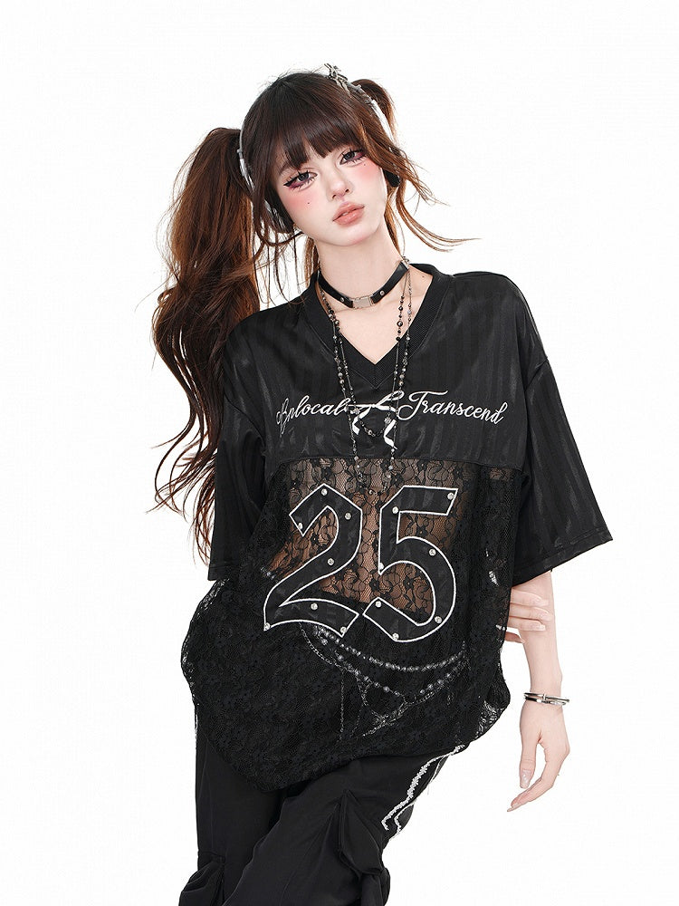 Black/White V-Neck Number Print Contrast Lace Patches Loose T-shirt