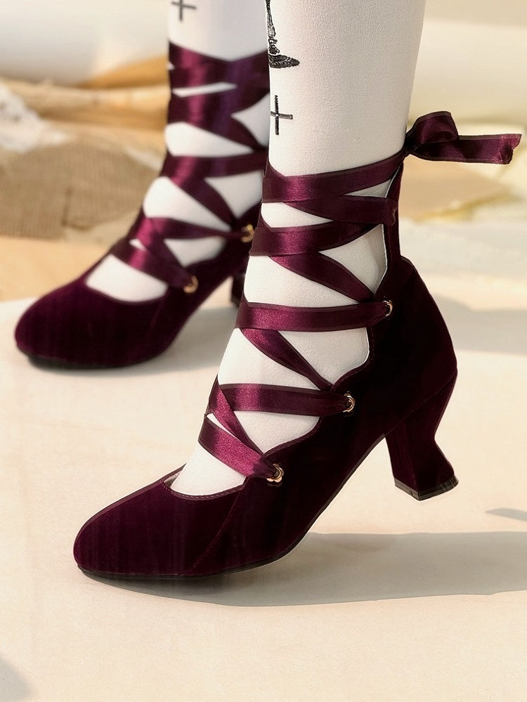 Pointed Lolita Elegant Heels Lace-Up Velvet for - with Style Toe Purple Design Silhouette High