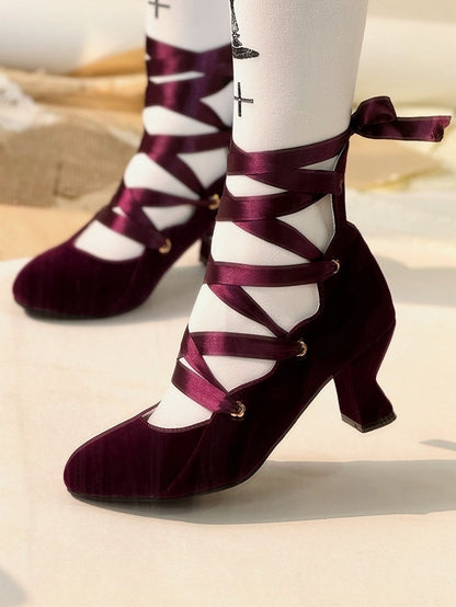 Pointed Lolita Elegant Heels Lace-Up Velvet for - with Style Toe Purple Design Silhouette High