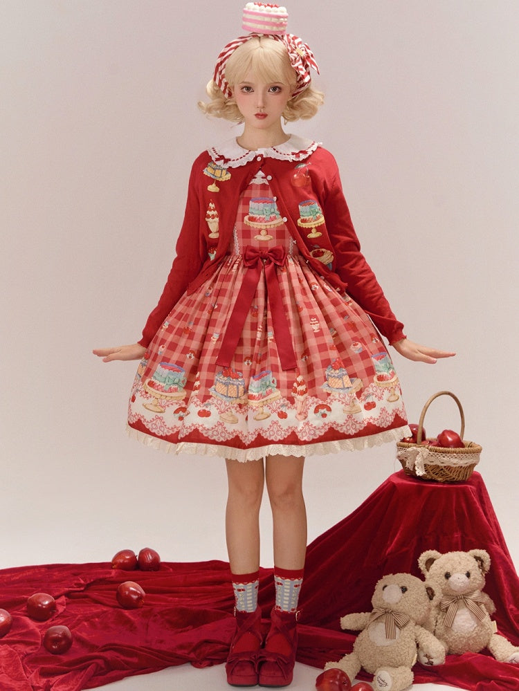 レッドギンガムチェック柄チェリー＆デザートスイートロリータジャンパースカート