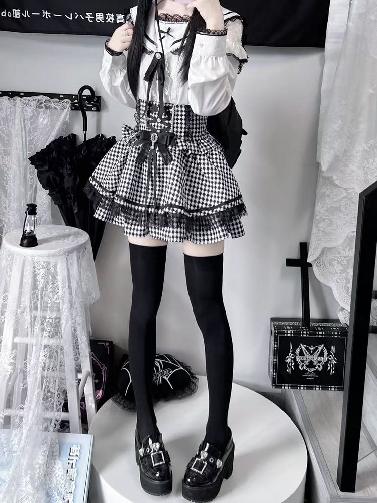 セルフタイデザインスカート クリスクロス ジライケイ ブラック/千鳥格子 ハイストラップウエストバック