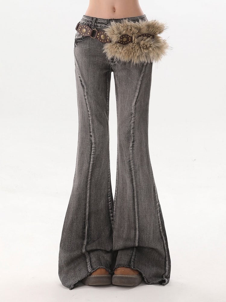 Trendy Black Flared Jeans with Furry Waist Belt - Rayohopp
