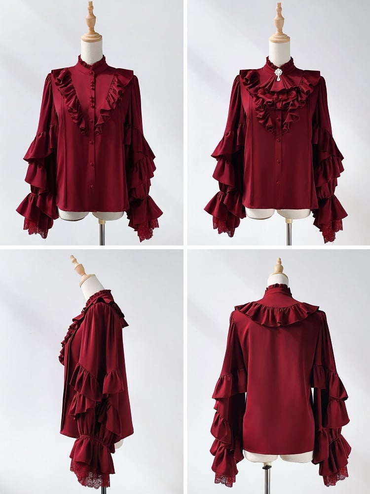 Wine Red Ruffle Neckline Vampire Ouji Lolita Long Sleeves Shirt