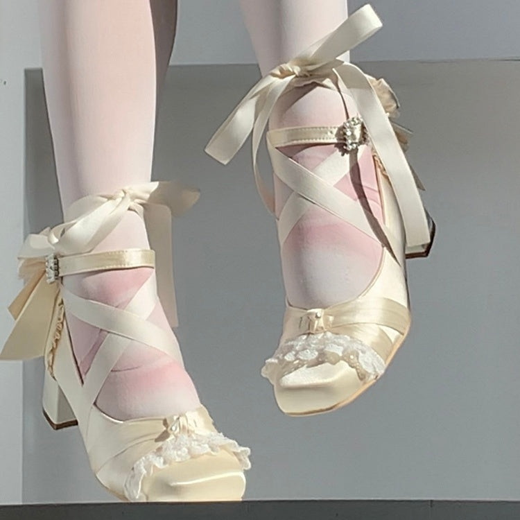 Mary Janes Lace Trim Mid-heel Satin Beaded Detachable Beige Chain -