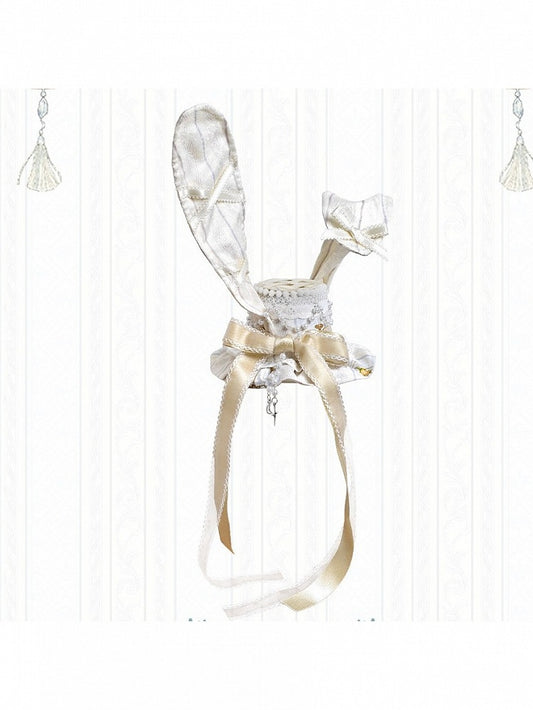 Beige Bunny-Ear Mini Hat with Bow & Bead Chain - Stars Fall on the Foggy Island