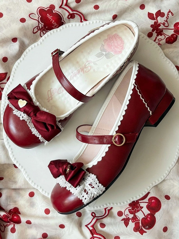 Romantic Heart Bow, Lace Trim & Scalloped Trim Details Red Low-heel Shoes in Classic Lolita