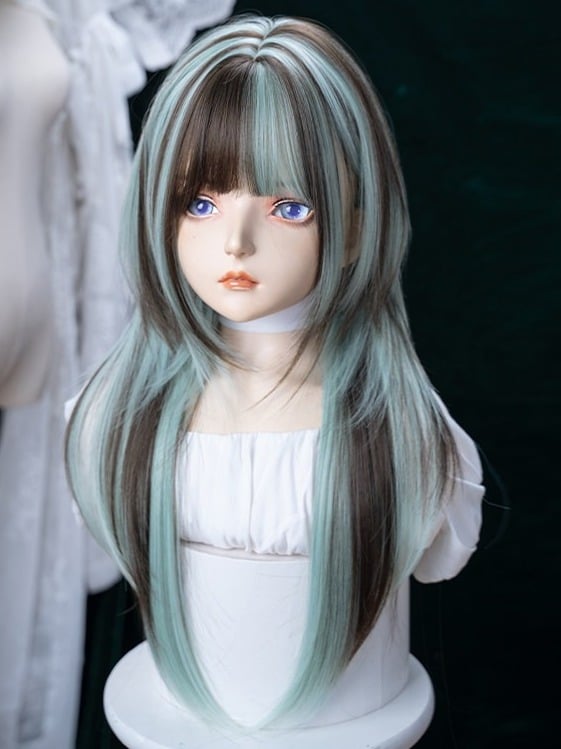 Mint Green & Chocolate Highlight 73cm Straight Full Bangs Wig - Alice Garden