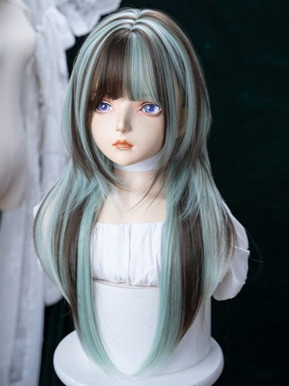 Mint Green & Chocolate Highlight 73cm Straight Full Bangs Wig - Alice Garden