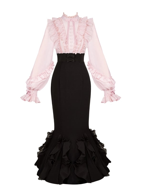 Pink Long Sleeve Blouse & Black Mermaid Skirt Boned Waist Lolita Dress - With PUJI