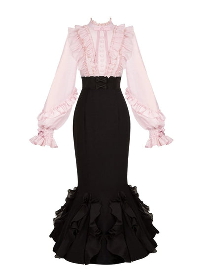 Pink Long Sleeve Blouse & Black Mermaid Skirt Boned Waist Lolita Dress - With PUJI