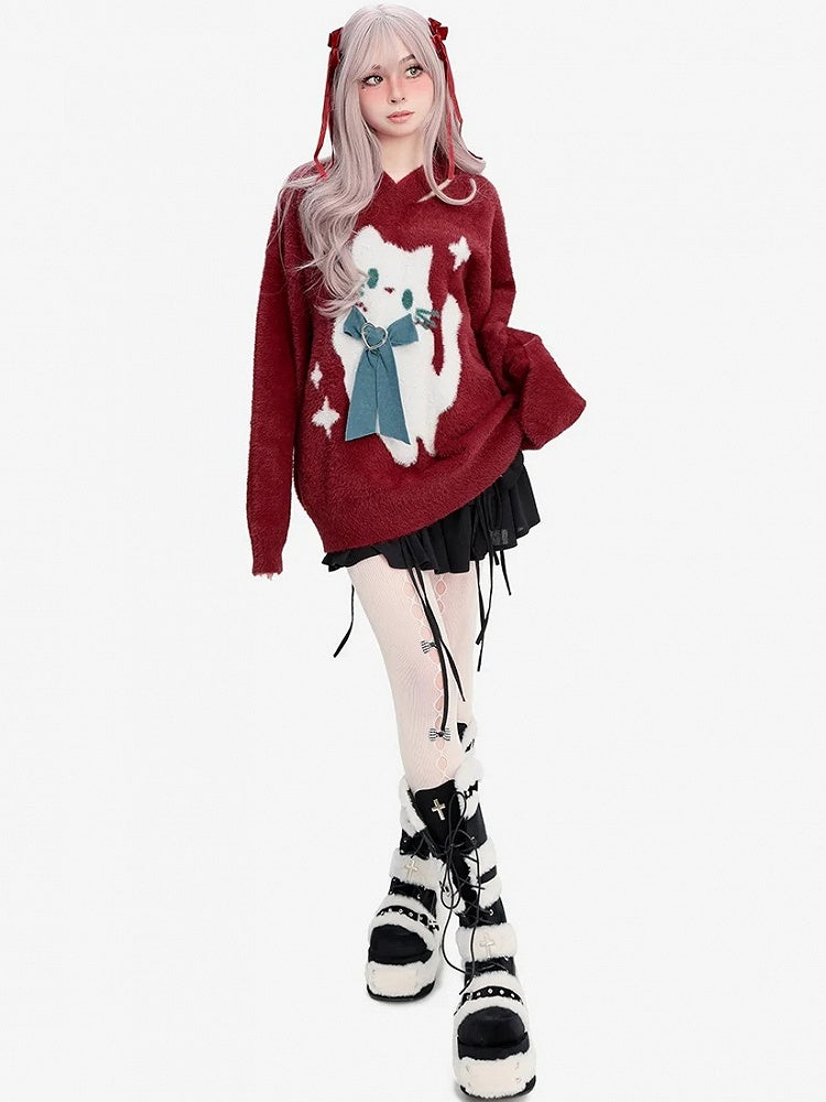 Weicher Pullover mit roter Katze und Schleife im Weihnachts-V-Ausschnitt