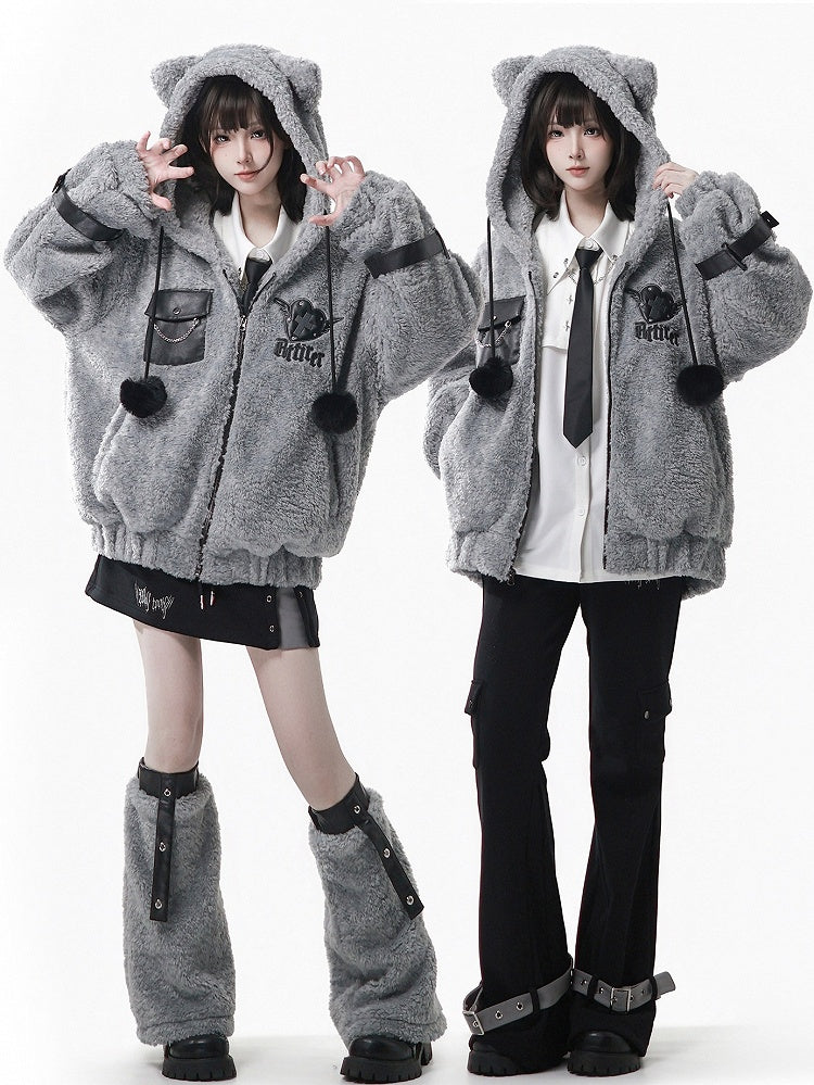 Hooded Pompon Ear Charm Jacket - Grey Plush Kitty