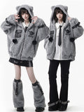 Hooded Pompon Ear Charm Jacket - Grey Plush Kitty