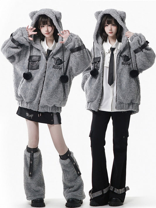 Hooded Pompon Ear Charm Jacket - Grey Plush Kitty
