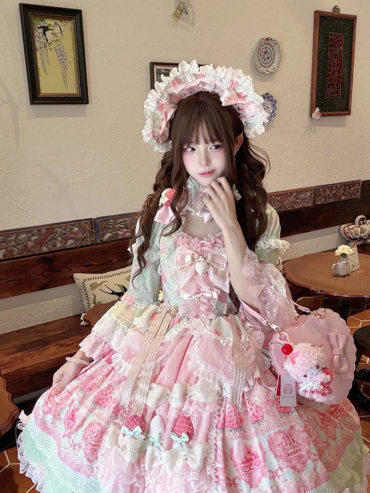 Green & Pink Strawberry Cake Print Bell Sleeve Lolita Dress - Ball Lolita