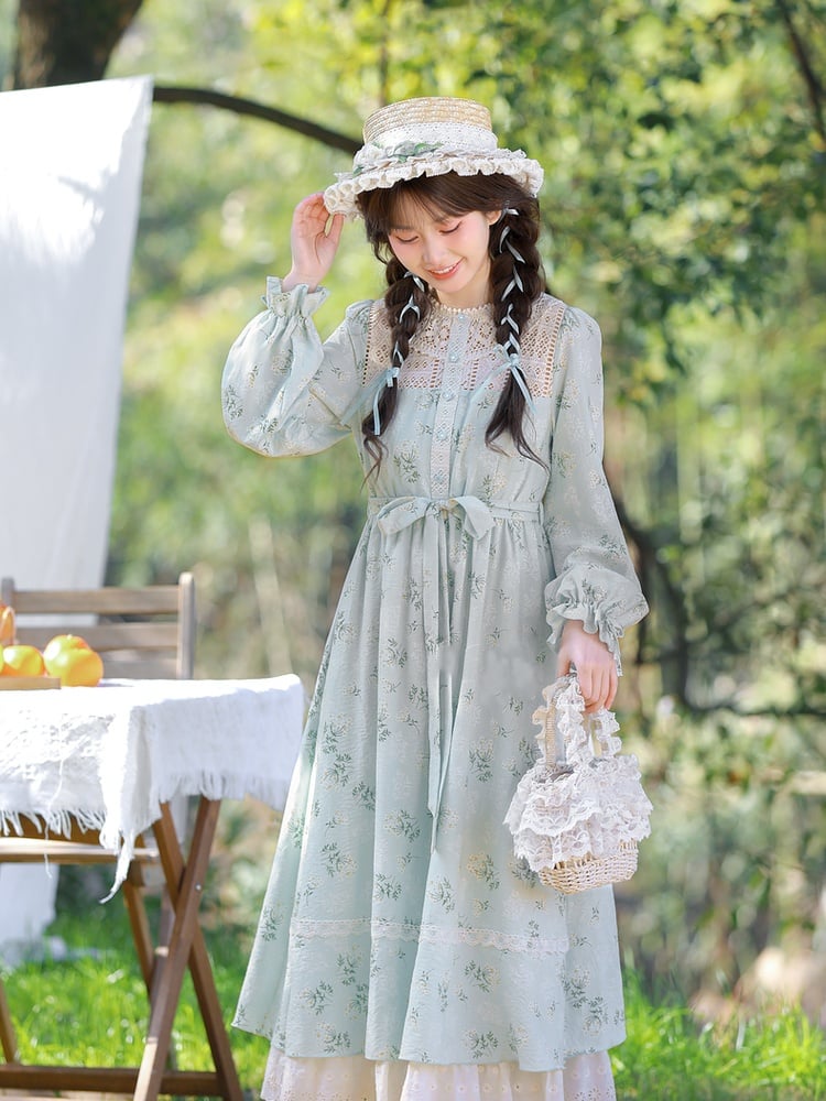 Blue Illusion Neckline Lace Trim Floral Dress with Self-tie Strap at Waist