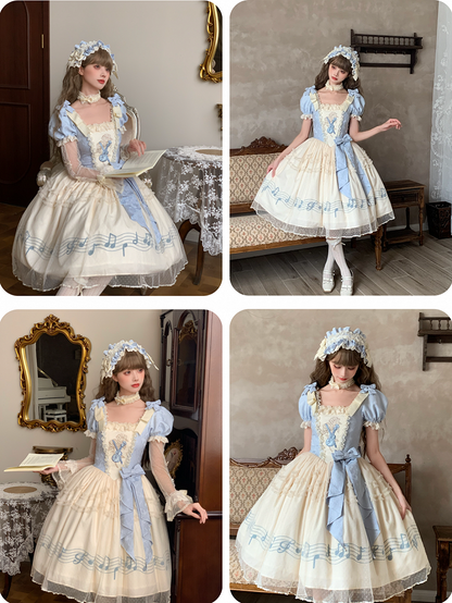 Lolita Blue Note Version Elegant Lace Dress Classic Musical Short Print Beige Violin Embroidery with