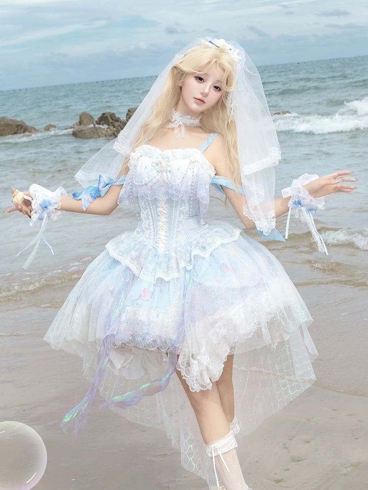 Wrist Head Veil Print Blue Choker + Fairy Dress JSK Ocean-themed Cuffs Lolita Corset
