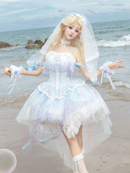 Wrist Head Veil Print Blue Choker + Fairy Dress JSK Ocean-themed Cuffs Lolita Corset