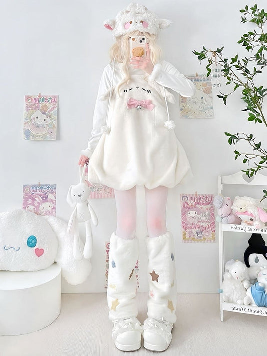 Star Patches Leg with White Fluffy Heart Warmers