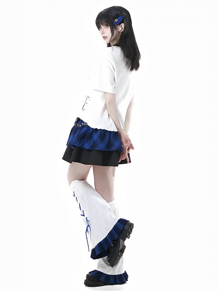 White Blue Plaid Hem Lace-up Detail Leg Warmers