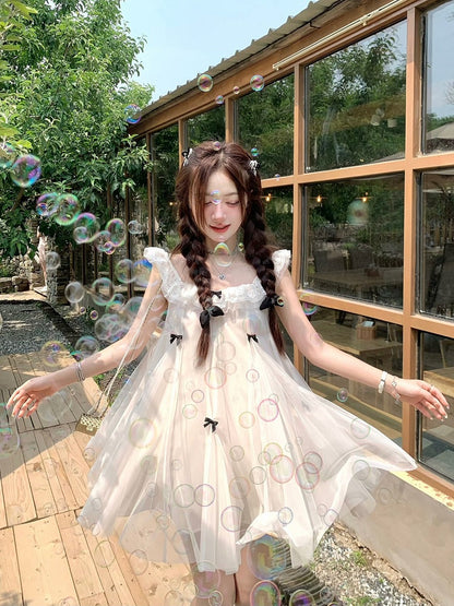 Sweet Apricot Dress with Bow and Lace Trim - Qchiwawameme