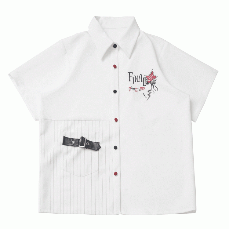 Version Black Buttons Red Long/Short Short Sleeves Shirt and Contrast Leather Buckle Strap White