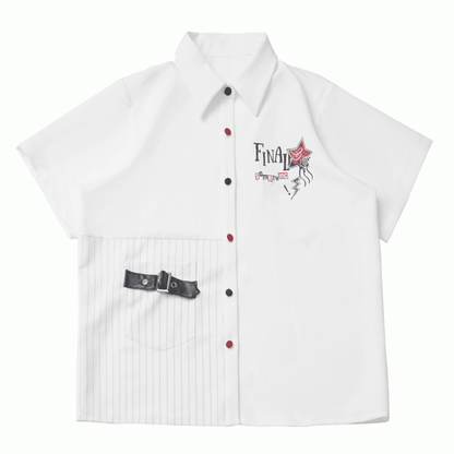Version Black Buttons Red Long/Short Short Sleeves Shirt and Contrast Leather Buckle Strap White