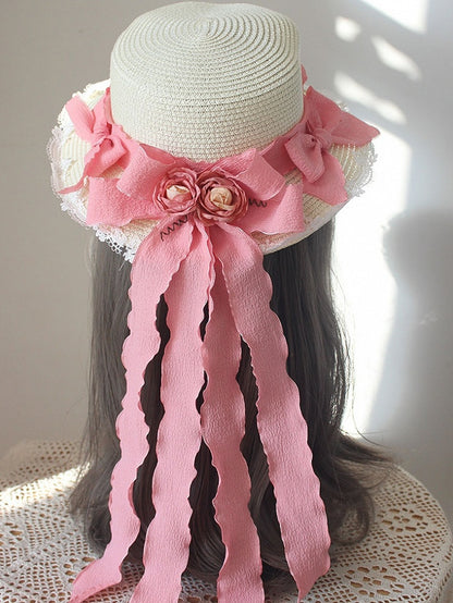 Lace Trim Floral Straw Hat