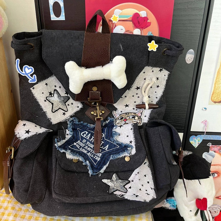 Patches Drawstring Star white and Washed Distressed Backpack Black with Canvas