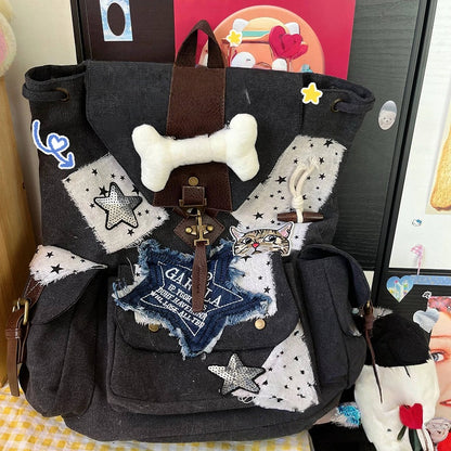 Patches Drawstring Star white and Washed Distressed Backpack Black with Canvas