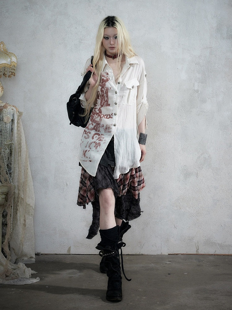 Apricot Distressed Graffiti Print Loose Long Sleeve Shirt, Punk Style - NO ROMANCE