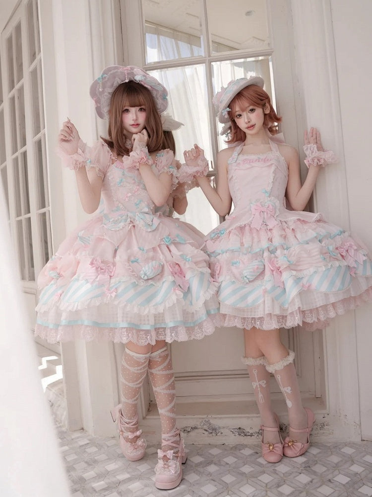 Pink & Blue Sheer Sleeves Tiered Sweet Lolita OP Dress with Bow and Candy Accents - Meng Fu Zi