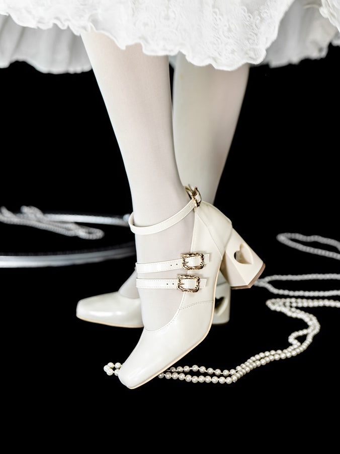 - with Heart Straps Mid Elegant Heels Cutout White PU Lolita Buckle Triple Heel Leather