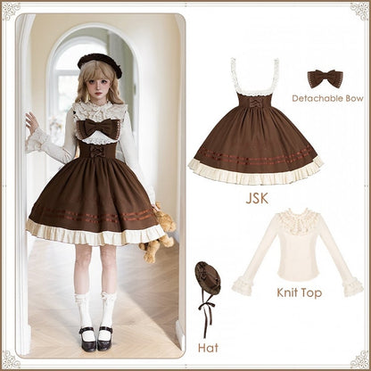 Bust Hat Bow Knit + JSK Detachable Violin Top Lolita Beige Embroidery Under Brown Classic