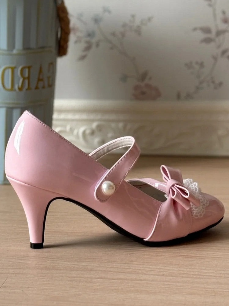 Trim Accent Lolita PU Lace Bow Heels Leather in Detachable Sweet Pink