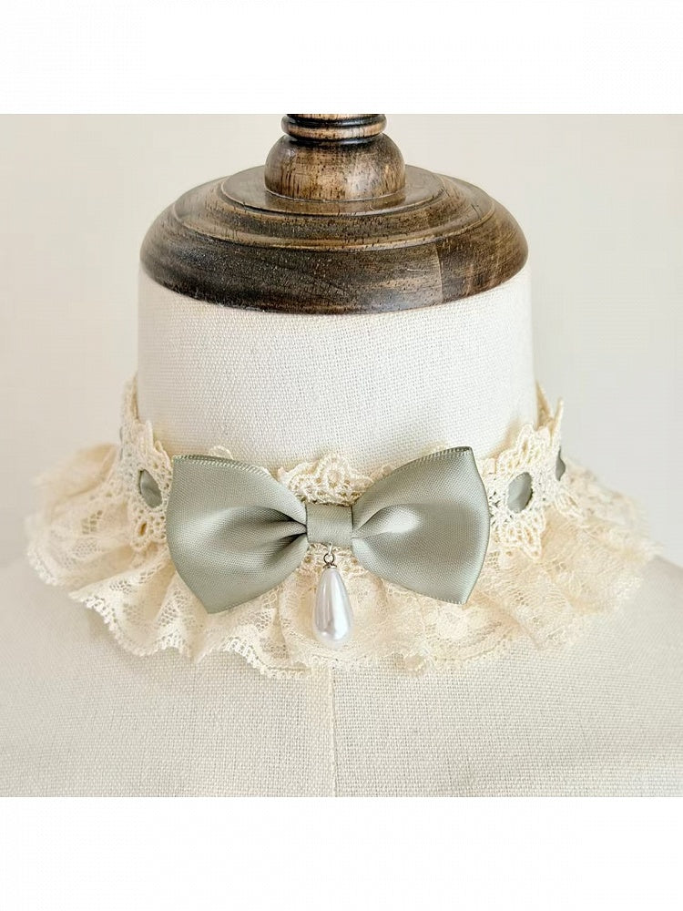 Bow Lace Choker with Elegant Pearl Pendant Accent