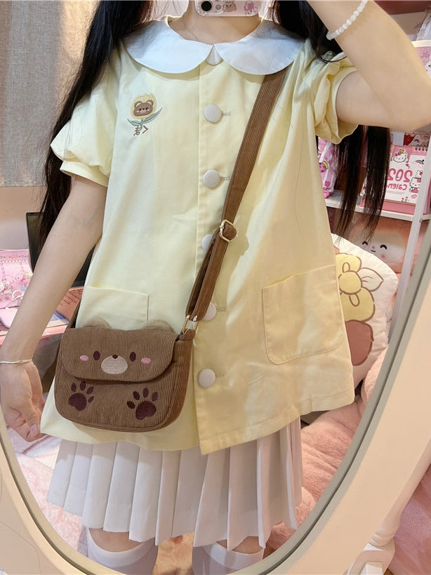 Hellgelbes Teddy-Top mit Peter-Pan-Kragen und Puffärmeln