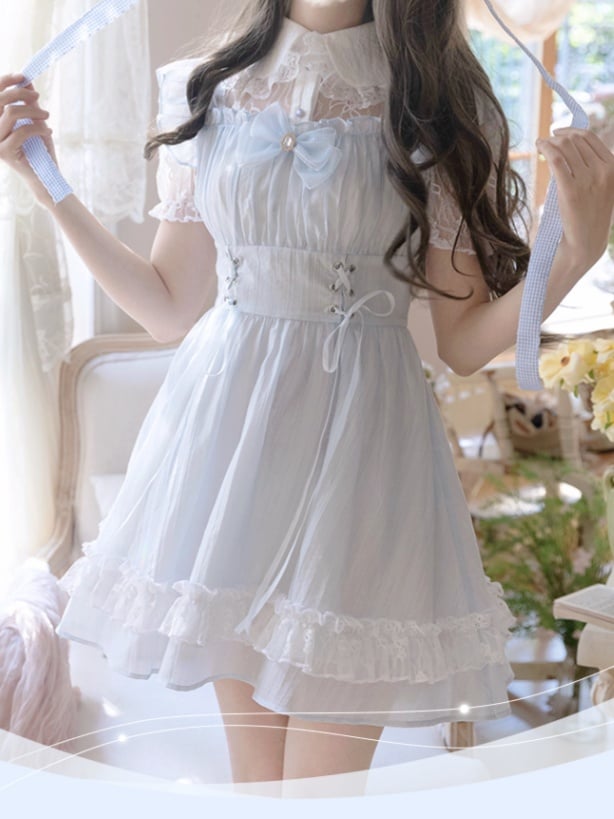 Kragen Schnürung Taille Pan Jirai Kei Kleid Hellblau Illusion Ausschnitt Peter