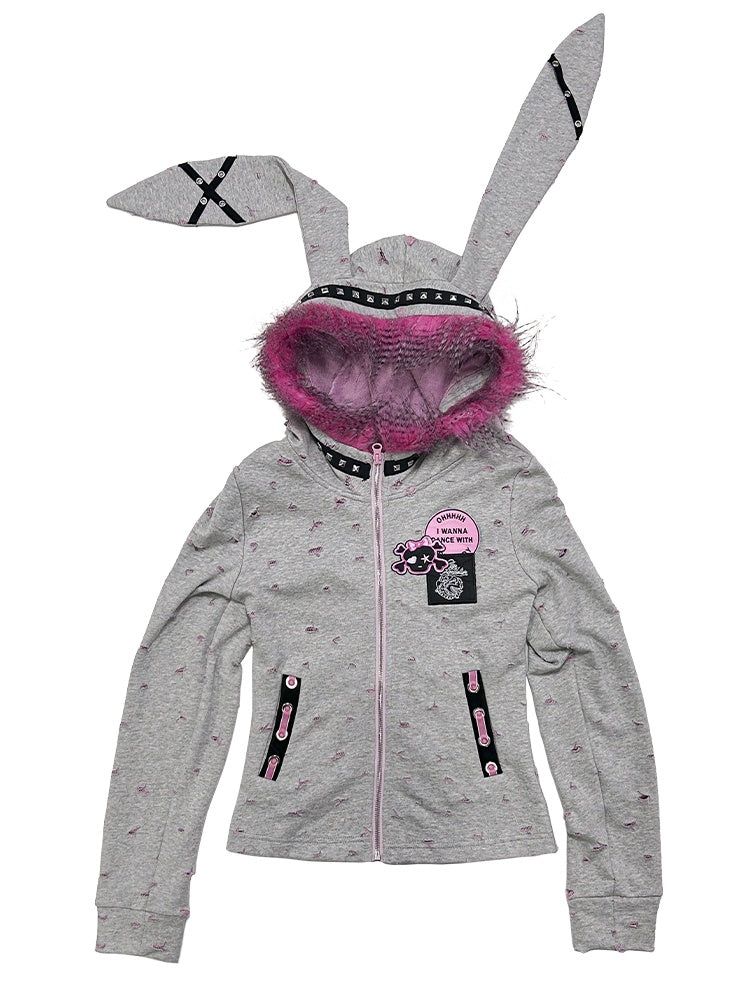 Punkgrauer Oversize-Kapuzenpullover mit Hasenohren