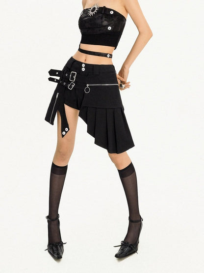 Black Punk Metal Buckle Shorts with Asymmetrical Skirt Hem