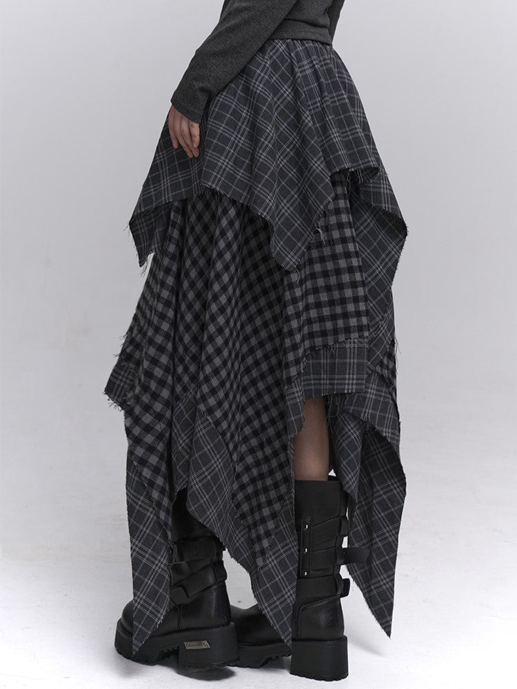 Hem Handkerchief Black Patchwork Skirt Waist with Elastic Plaid Gray Tiered