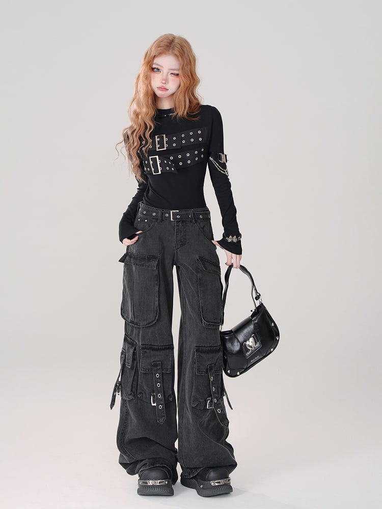 Straps Eyelet Low-Waist Wide-Leg Cargo Jeans Dangling Details with Black