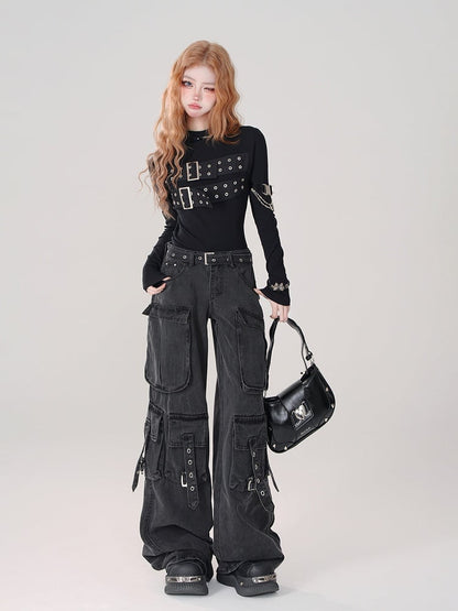 Straps Eyelet Low-Waist Wide-Leg Cargo Jeans Dangling Details with Black